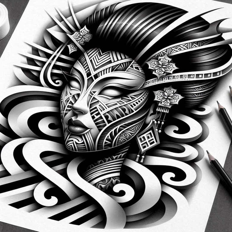 geisha-with-line – tattoo design ideas free ai generated – neotraditional-color-blending – for-calf – Gallery: geisha-inkby-ai