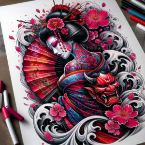 geisha-with-line – tattoo design ideas free ai generated – neotraditional-subtle-tone – for-upper-thigh – Gallery: geisha-inkby-ai