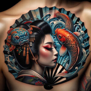 geisha-with-lines – tattoo design ideas free ai generated – surrealism-dynamic-shapes – for-back-shoulder – Gallery: geisha-inkby-ai
