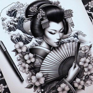 geisha-with-makeup – tattoo design ideas free ai generated – realism-moist-effect – for-lower-leg – Gallery: geisha-inkby-ai