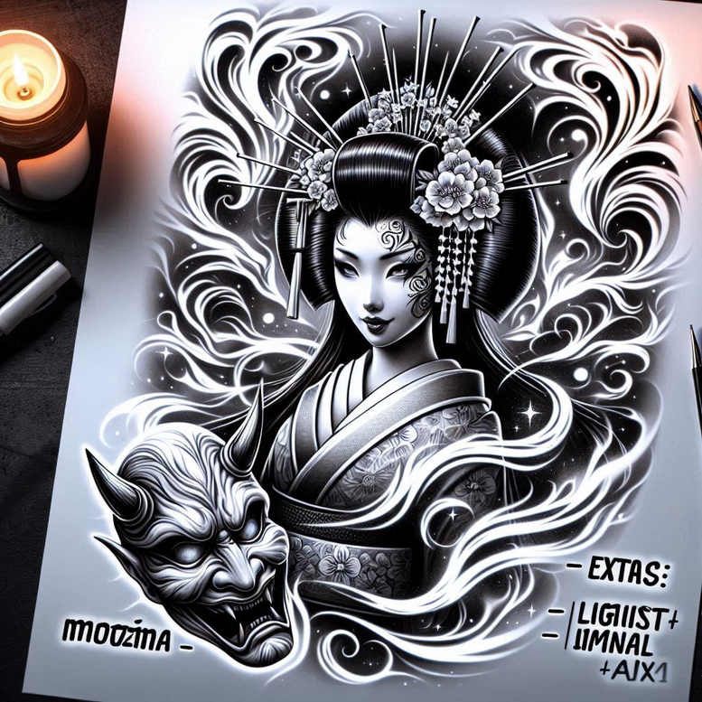 geisha-with-ornamentation – tattoo design ideas free ai generated – neotraditional-artistic-contrast – for-neck – Gallery: geisha-inkby-ai