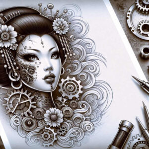 geisha-with-ornamentation – tattoo design ideas free ai generated – realism-soft-transitions – for-abdomen – Gallery: geisha-inkby-ai