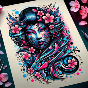 geisha-with-shading – tattoo design ideas free ai generated – neotraditional-bold-highlights – for-upper-arm – Gallery: geisha-inkby-ai