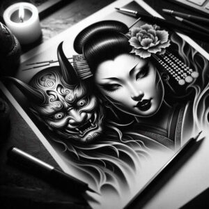 geisha-with-shading – tattoo design ideas free ai generated – neotraditional-dynamic-color – for-forearm – Gallery: geisha-inkby-ai