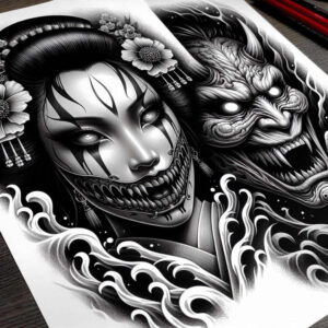 geisha-with-shadows – tattoo design ideas free ai generated – realism-moist-effect – for-behind-ear – Gallery: geisha-inkby-ai