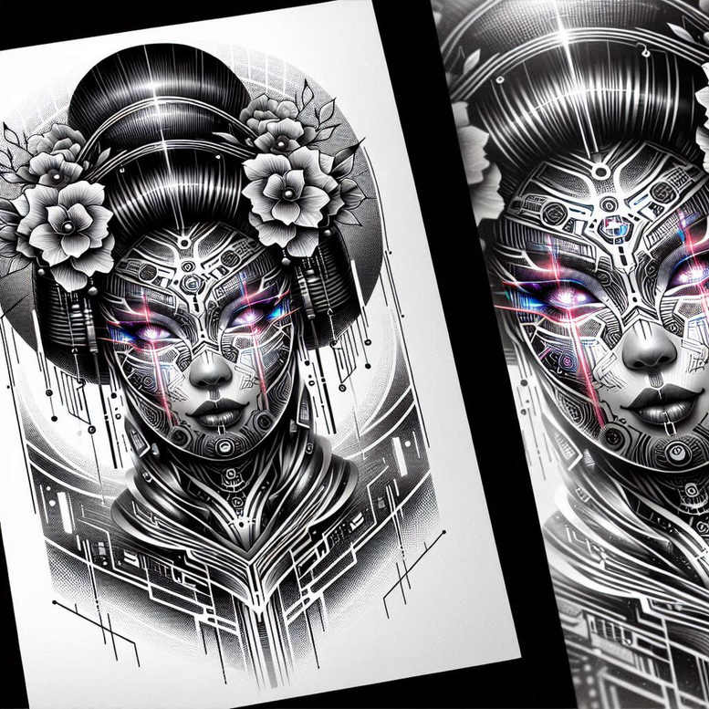 geisha-with-shadows – tattoo design ideas free ai generated – realism-natural-contrast – for-heel – Gallery: geisha-inkby-ai