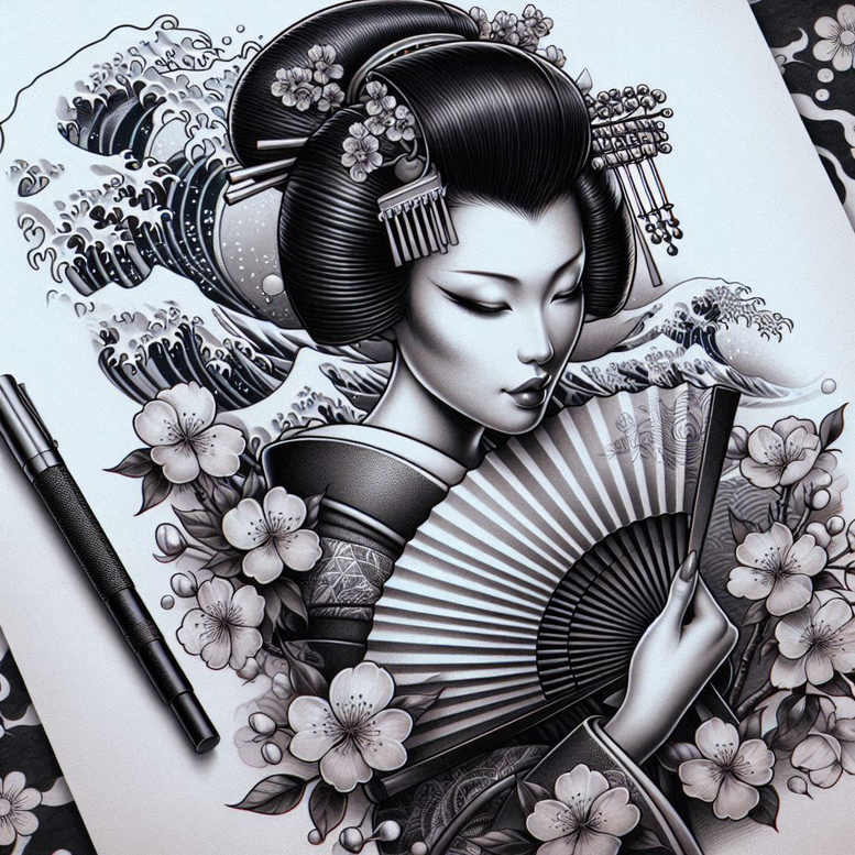 geisha-with-shadows – tattoo design ideas free ai generated – realism-subtle-saturation – for-back – Gallery: geisha-inkby-ai
