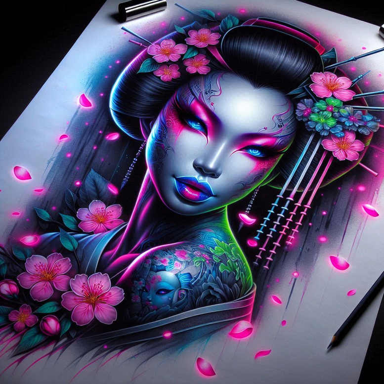 geishas – tattoo design ideas free ai generated – realism-realistic-movement – for-upper-arm – Gallery: geisha-inkby-ai