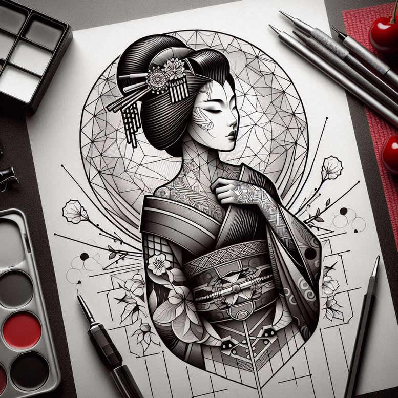Geisha in a black and grey kimono with kanzashi, blossoms, and branches, framed by a geometric circle; project idea; suitable for cover-up.