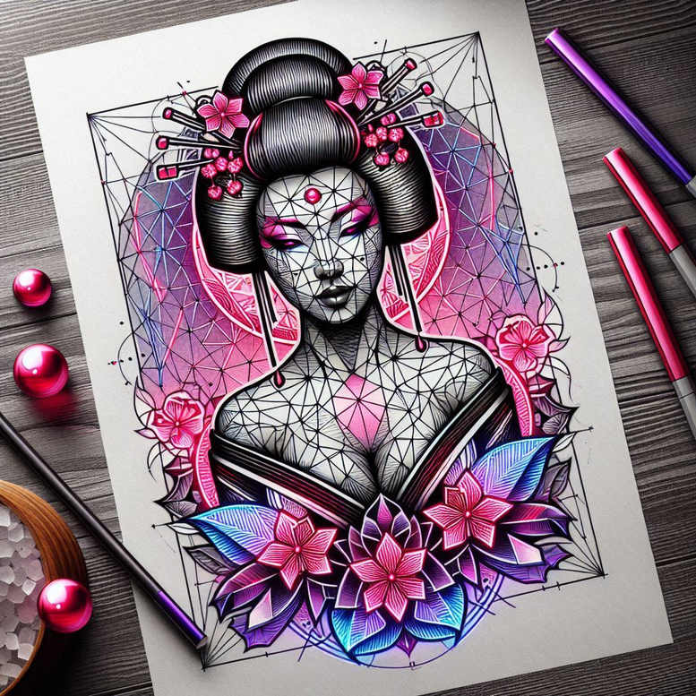 Geisha portrait with geometric mesh, pink flowers, and purple-blue petals; multicolor linework; AI-generated tattoo project; not intended as a cover-up.