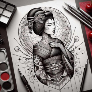 graceful-geisha – tattoo design ideas free ai generated – neotraditional-defined-outlines – for-stomach – Gallery: geisha-inkby-ai
