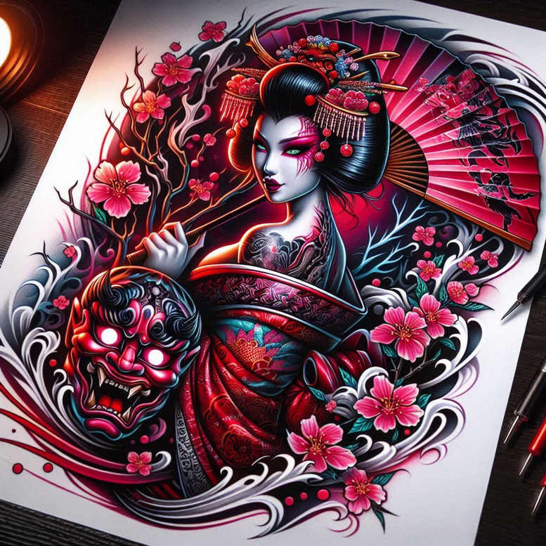 Geisha portrait in vibrant full color with Hannya mask, red fan, kimono, blossoms, branches, and waves; tattoo project; not a cover-up.