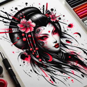 Geisha portrait with hibiscus flowers, beads, and hairpin in black and grey with red accents; a tattoo project concept, suitable for cover-up.