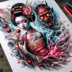 Geisha portrait with a crimson kimono, cherry blossoms, and a looming demon mask in the background; full-color tattoo design concept, AI-generated project—not a cover-up.