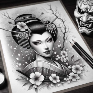 Geisha portrait in black and grey with cherry blossoms, fan, hairpins, branches, mask, and pencils; tattoo project idea; not cover-up.