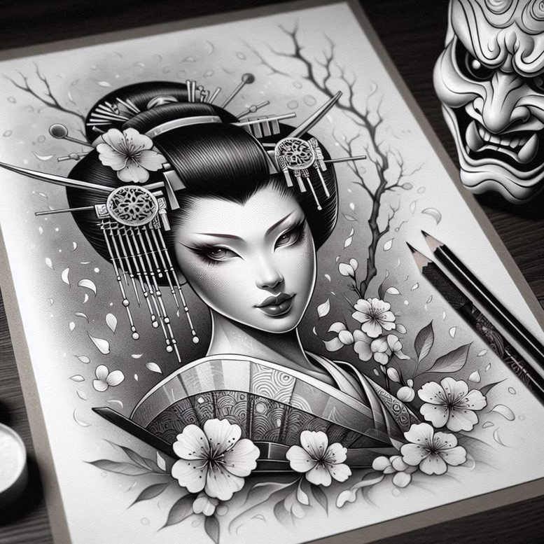 Geisha portrait in black and grey with cherry blossoms, fan, hairpins, branches, mask, and pencils; tattoo project idea; not cover-up.