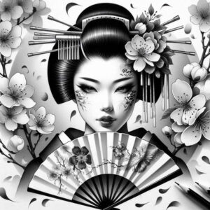 Geisha portrait in black and grey with fan, blossoms, and hairpin; tattoo design concept for cover-up, AI-generated project.