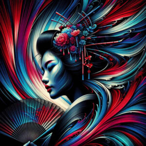 Portrait of a woman with ornate floral hair accessories, flowing multicolored hair, and a folding fan; pattern-rich color tattoo design idea; not a cover-up.