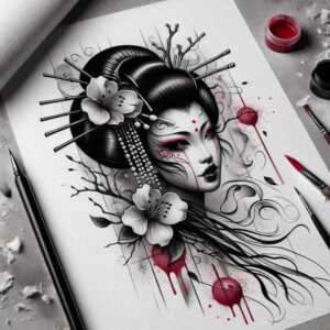Geisha portrait in black and grey with lotus flowers, hair-sticks, and red accents; a cover-up-ready tattoo project.