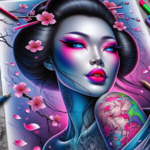 Geisha portrait in blue-grey skin, neon pink makeup, pink lips, black hair, cherry blossom on branch, petal accents, and a colorful tattoo sleeve on the arm; AI-generated tattoo project; suitable for cover-up.