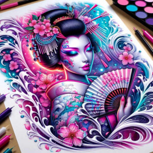 japanese-culture – tattoo design ideas free ai generated – realism-highlighted-contrast – for-upper-thigh – Gallery: geisha-inkby-ai