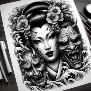 japanese-motif – tattoo design ideas free ai generated – realism-optical-depth – for-full-back – Gallery: geisha-inkby-ai