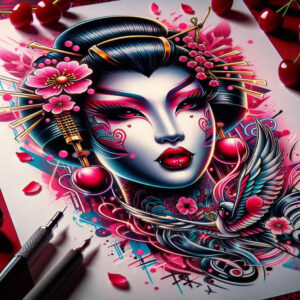 japanese-portrait – tattoo design ideas free ai generated – realism-depth-of-field – for-scapula – Gallery: geisha-inkby-ai