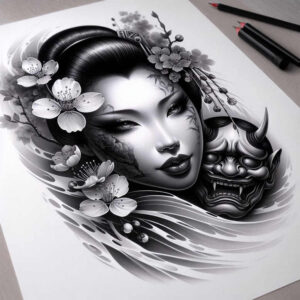 Geisha face with blossoms, mask, and flowing wave elements in black and grey; tattoo project; suitable for cover-up.