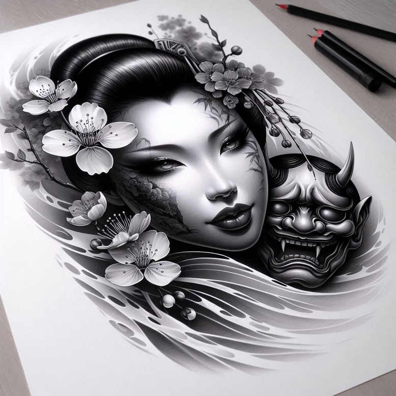 Geisha face with blossoms, mask, and flowing wave elements in black and grey; tattoo project; suitable for cover-up.