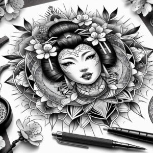 minimalist-geisha – tattoo design ideas free ai generated – realism-dimensional-ink – for-lower-thigh – Gallery: geisha-inkby-ai