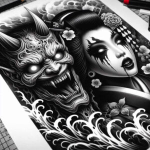 minimalist-geisha – tattoo design ideas free ai generated – surrealism-vibrant-contrasts – for-collarbone – Gallery: geisha-inkby-ai
