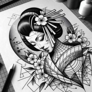 mysterious-geisha – tattoo design ideas free ai generated – realism-glass-effect – for-upper-back – Gallery: geisha-inkby-ai
