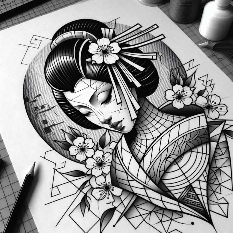 mysterious-geisha – tattoo design ideas free ai generated – realism-glass-effect – for-upper-back – Gallery: geisha-inkby-ai