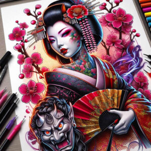 mysterious-geisha – tattoo design ideas free ai generated – realism-rich-blacks – for-ribs – Gallery: geisha-inkby-ai