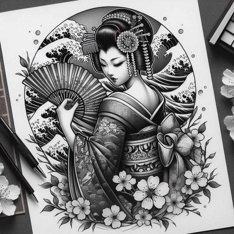 mystical-geisha – tattoo design ideas free ai generated – neotraditional-classic-composition – for-toe – Gallery: geisha-inkby-ai