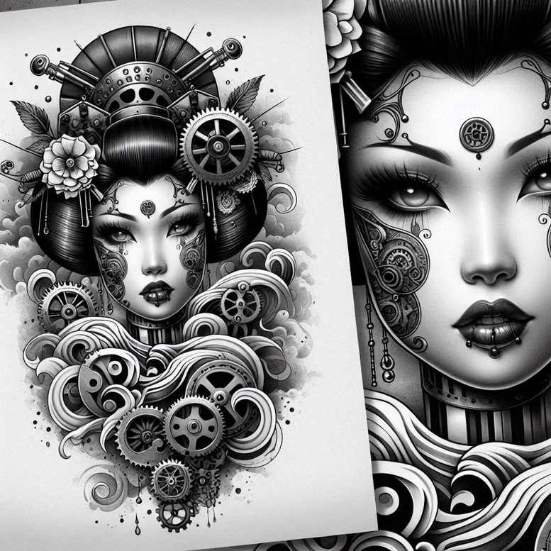 mystical-geisha – tattoo design ideas free ai generated – neotraditional-rich-shading – for-sternum – Gallery: geisha-inkby-ai