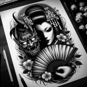 Geisha head beside an Oni mask, blossoms, and a folding fan in black and grey; AI-generated tattoo project, suitable for cover-up.