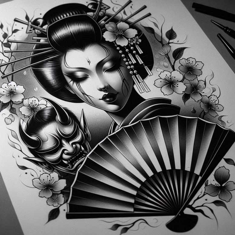 Geisha and demon mask in black and grey, with a folding fan and blossoms; AI-generated tattoo project for cover-up.