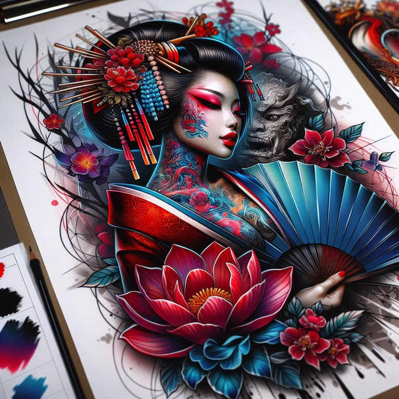 Geisha portrait in full color with lotus, fan, blossoms, and kimono; pattern tattoo design project; not suitable for cover-up.