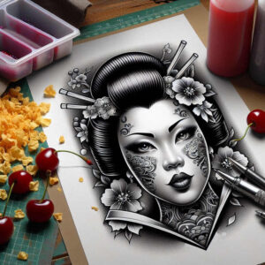 Geisha portrait on paper with sakura blossoms; ink tools, a ruler, and cherries nearby; black and grey shading; AI-generated tattoo project; not ideal for cover-up.