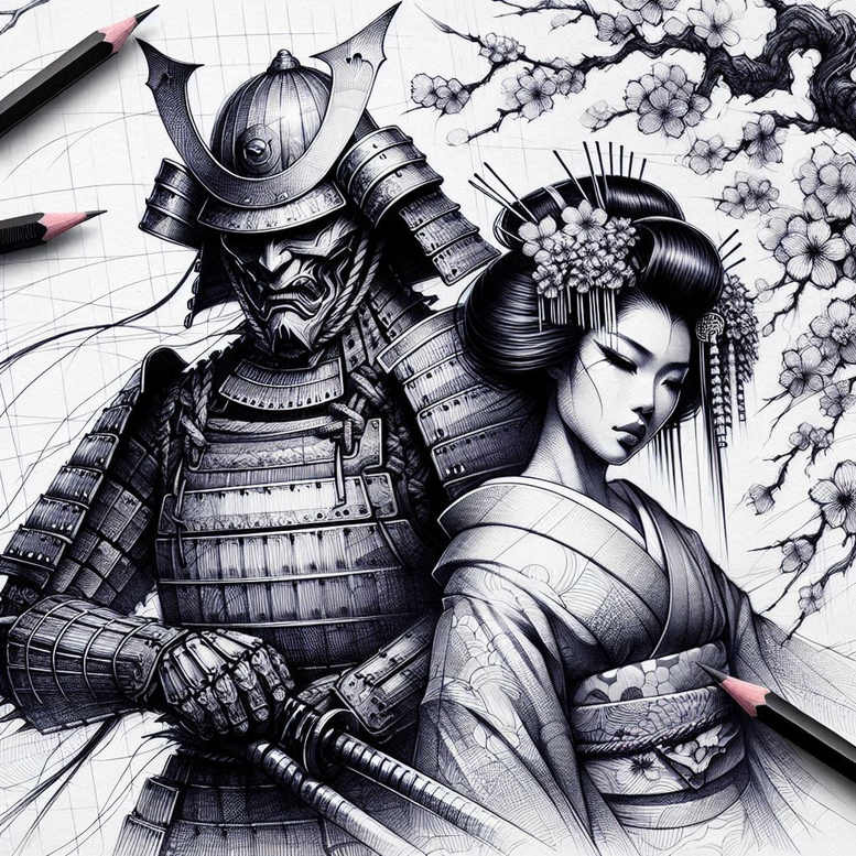 Black and grey tattoo design featuring armor, geisha in a kimono, swords, and cherry blossoms; project concept, cover-up suitable.