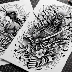 Geisha and samurai figures in black and grey ink with blossoms and geometric pattern, a bold tattoo project idea.