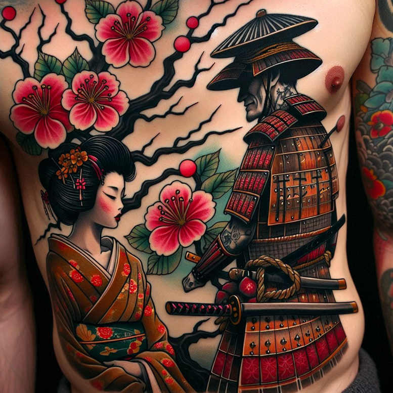 Colorful Japanese tattoo design on the torso featuring geisha, samurai, kimono, katana, armor, cherry blossom, and branch; full color; tattoo project concept; not a cover-up.