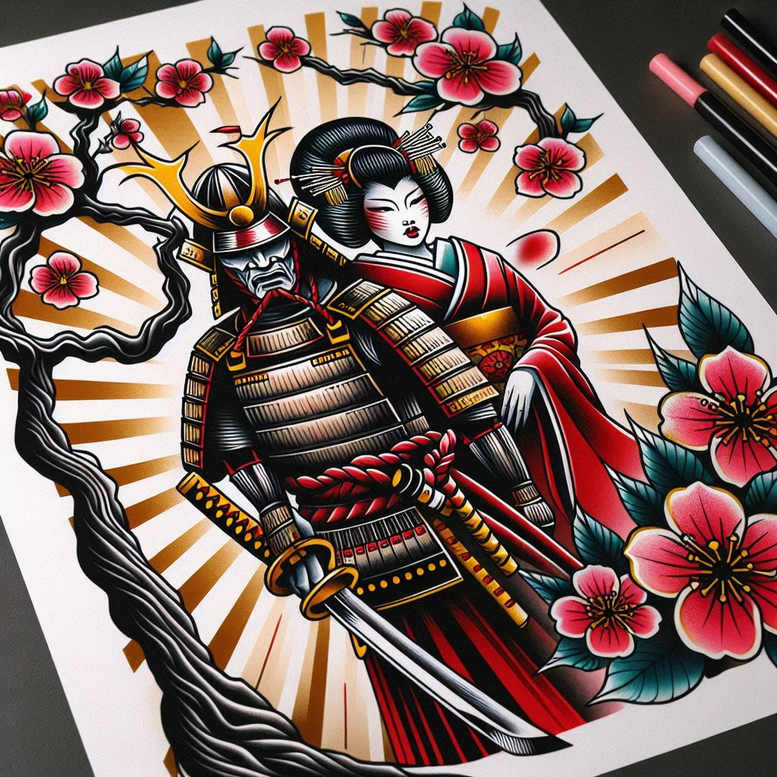 Samurai, geisha, sword, kimono, blossom, branch; full color; tattoo project; pattern; cover-up suitable.