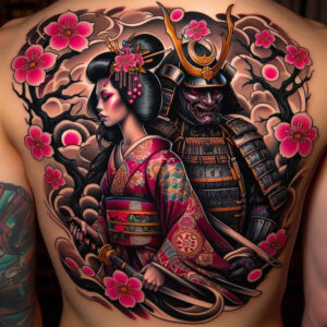 Geisha, samurai, kimono, sword, armor, blossoms in a colorful full-color scene; a tattoo design project suitable for cover-up.
