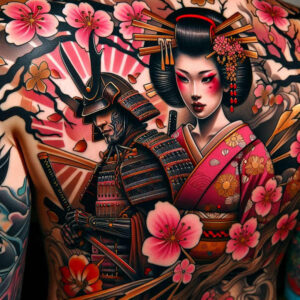 Colorful full-color tattoo project featuring geisha, samurai, sword, kimono, cherry blossoms, and sun; suitable for cover-up: not ideal.