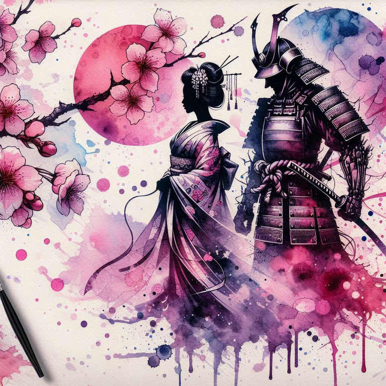 Geisha and samurai silhouette in a vibrant watercolor tattoo design with cherry blossom branch, pink-purple splashes, and a round moon; AI-generated tattoo project.