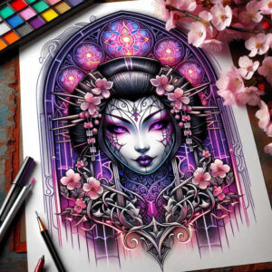 spiritual-geisha – tattoo design ideas free ai generated – neotraditional-enhanced-shading – for-foot – Gallery: geisha-inkby-ai