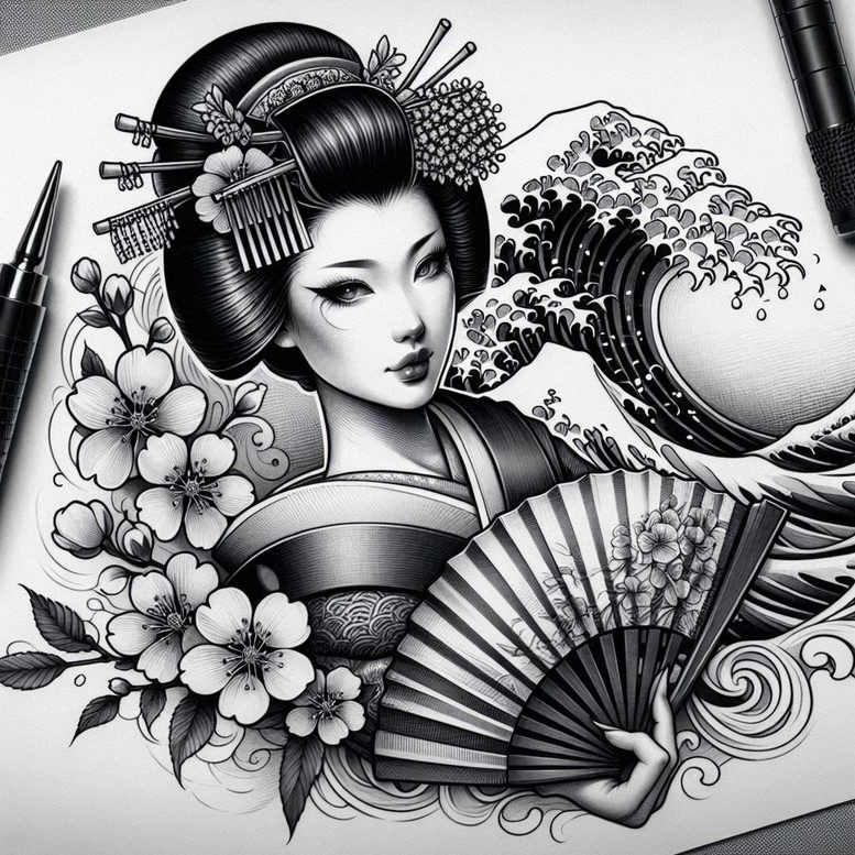 spiritual-geisha – tattoo design ideas free ai generated – realism-highlight-detail – for-back-shoulder – Gallery: geisha-inkby-ai