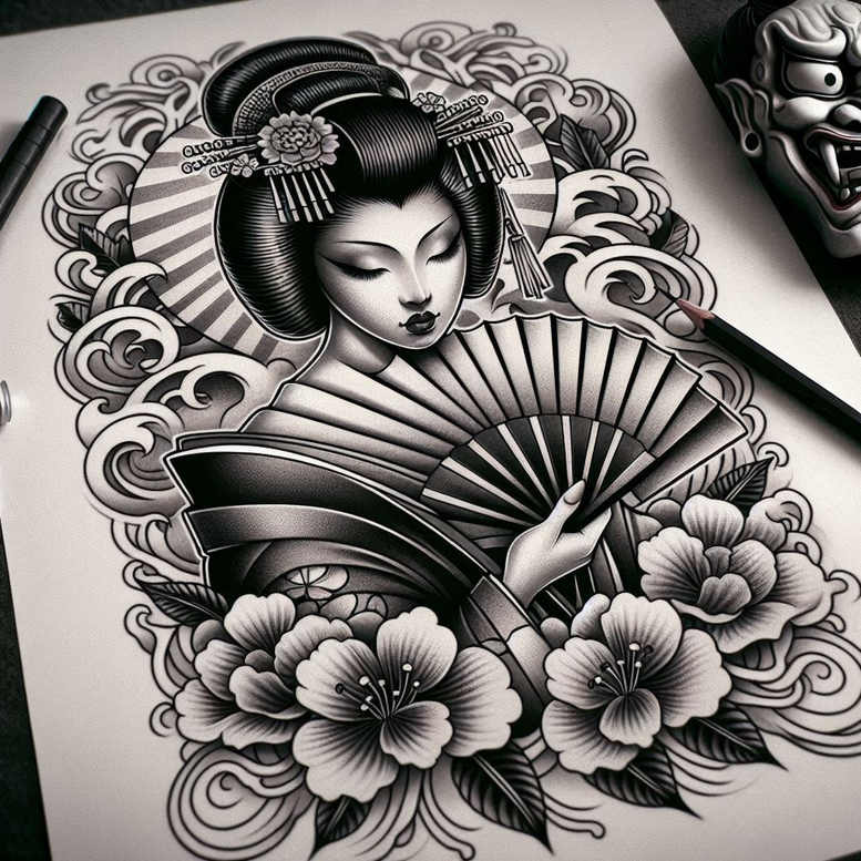 spiritual-geisha – tattoo design ideas free ai generated – surrealism-chromatic-flux – for-side – Gallery: geisha-inkby-ai